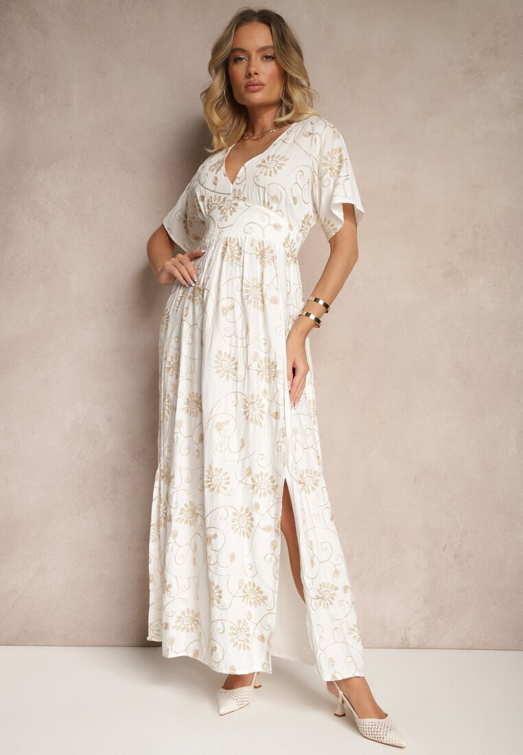 maja studio Rochie Albă din Viscoză Decorată cu Broderie și cu Fir Metalic Ivelvesa
