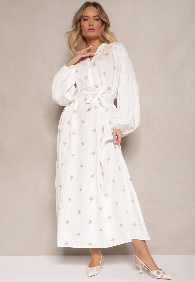 maja studio Rochie Albă din Viscoză Oversize Decorată cu Broderie Venalari