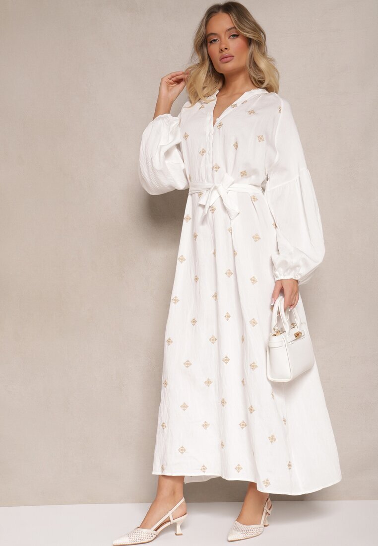 maja studio Rochie Albă din Viscoză Oversize Decorată cu Broderie Venalari
