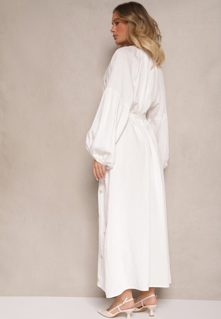 maja studio Rochie Albă din Viscoză Oversize Decorată cu Broderie Venalari