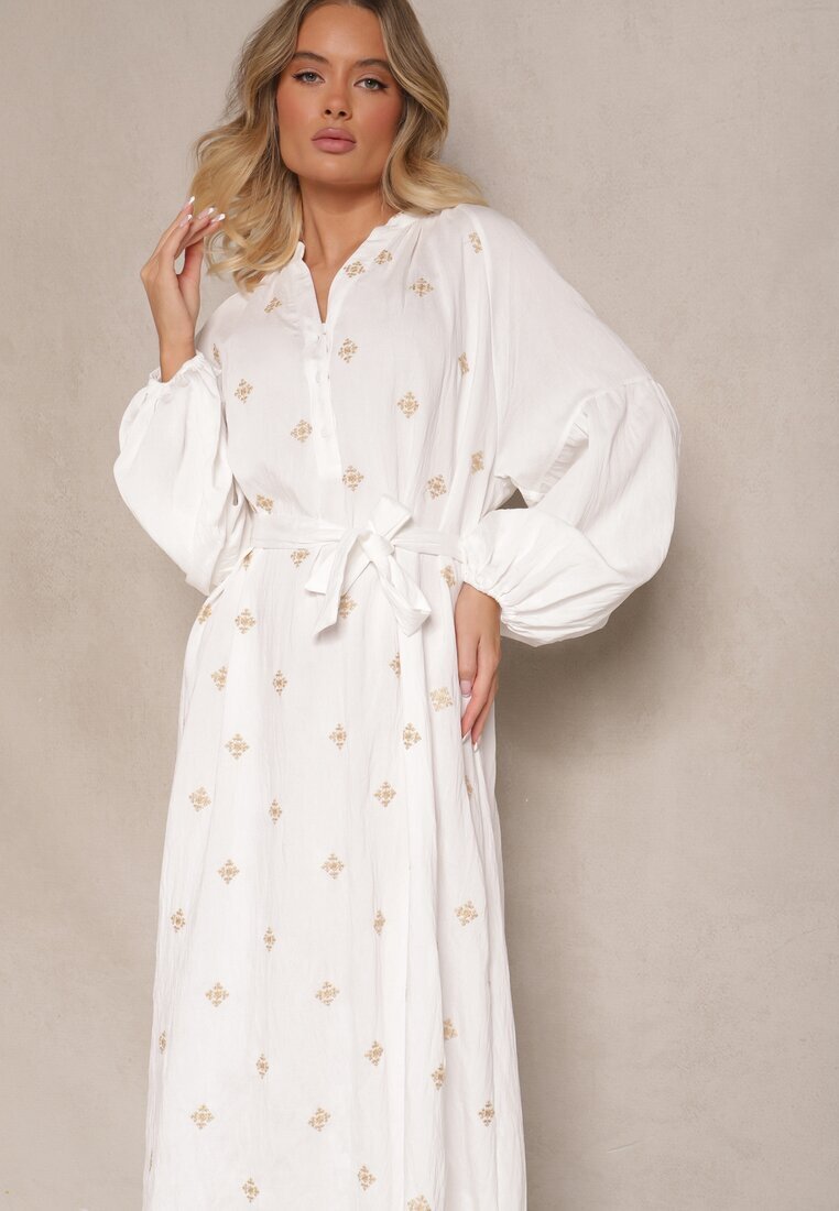 maja studio Rochie Albă din Viscoză Oversize Decorată cu Broderie Venalari