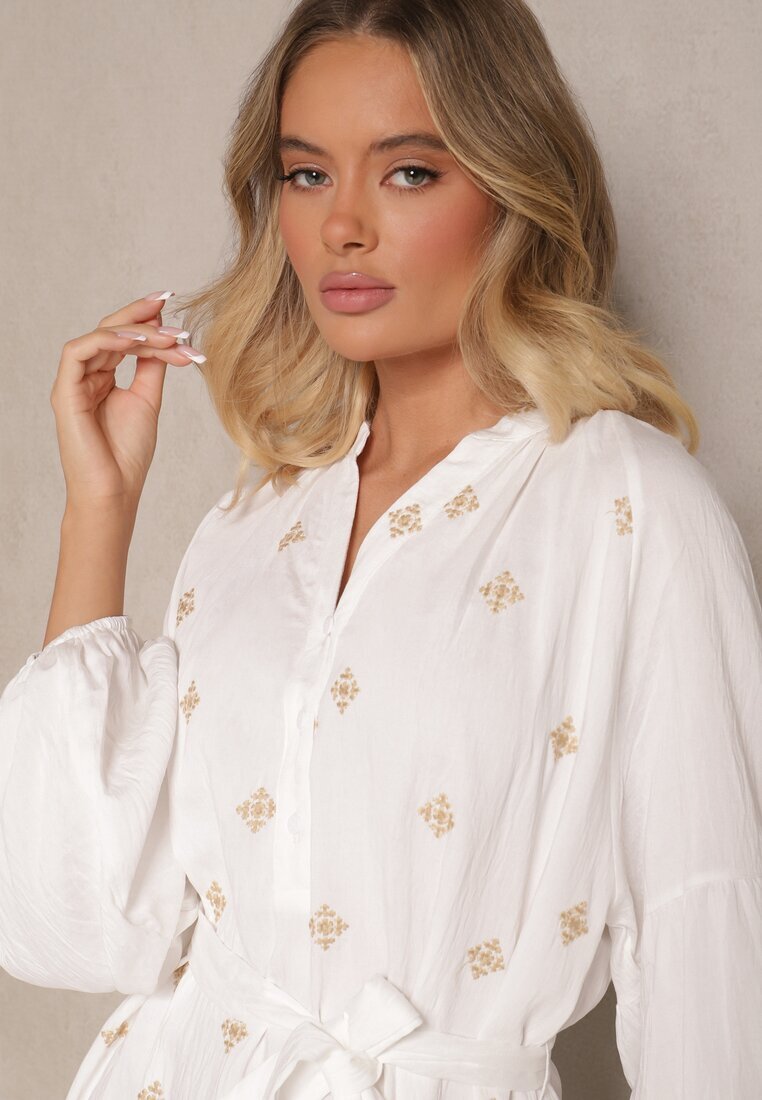 maja studio Rochie Albă din Viscoză Oversize Decorată cu Broderie Venalari