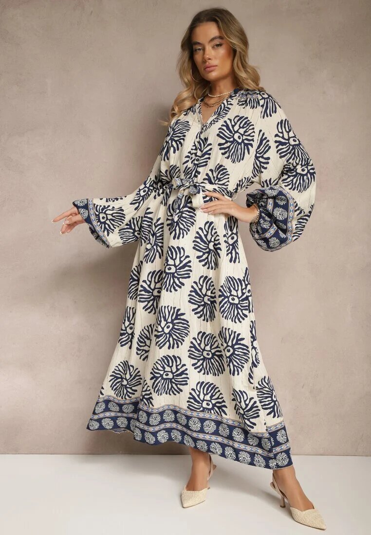 maja studio Rochie Albastră Oversize din Viscoză cu Curea Decorată cu Imprimeu Etnic Velsekia