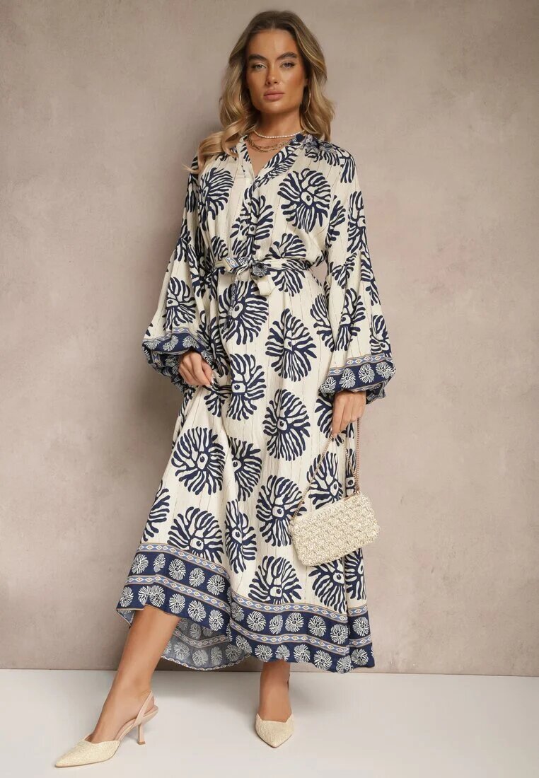 maja studio Rochie Albastră Oversize din Viscoză cu Curea Decorată cu Imprimeu Etnic Velsekia