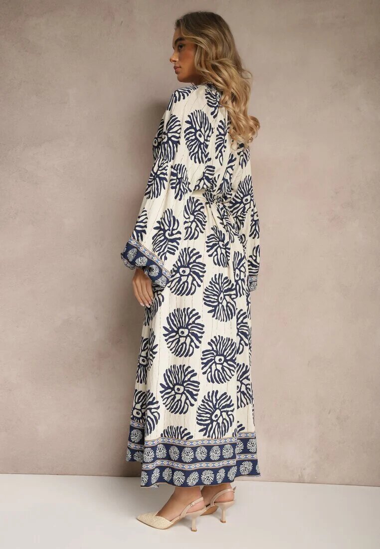 maja studio Rochie Albastră Oversize din Viscoză cu Curea Decorată cu Imprimeu Etnic Velsekia