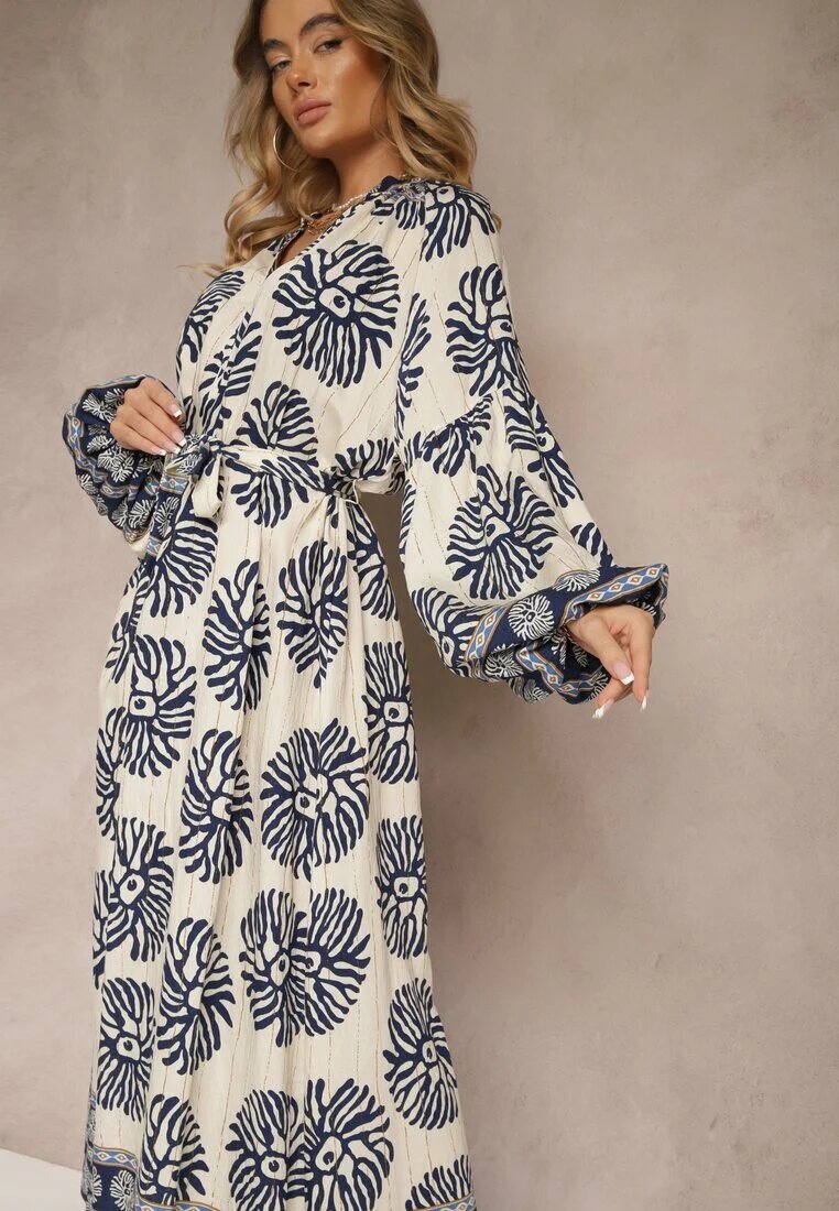maja studio Rochie Albastră Oversize din Viscoză cu Curea Decorată cu Imprimeu Etnic Velsekia