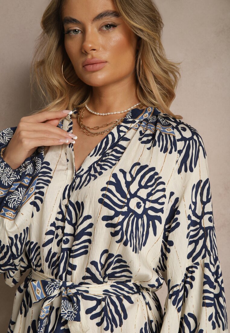 maja studio Rochie Albastră Oversize din Viscoză cu Curea Decorată cu Imprimeu Etnic Velsekia