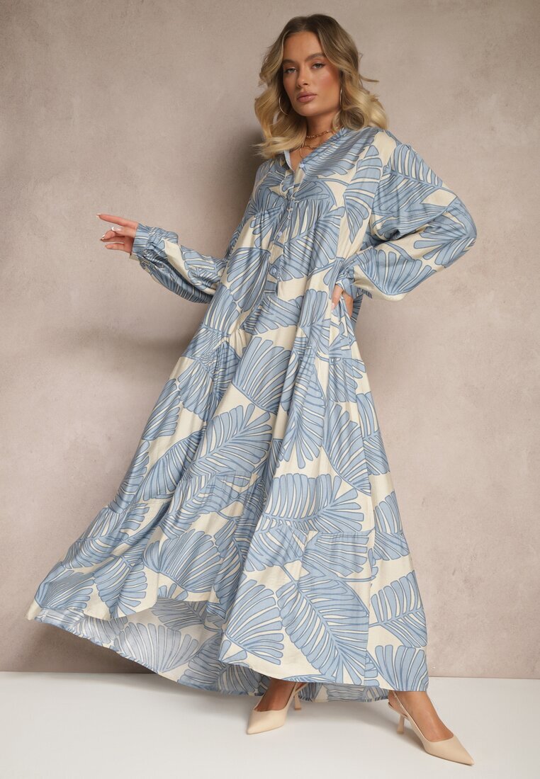 maja studio Rochie Albastru deschis Evazată din Viscoză cu Motiv de Frunze Wilvesia