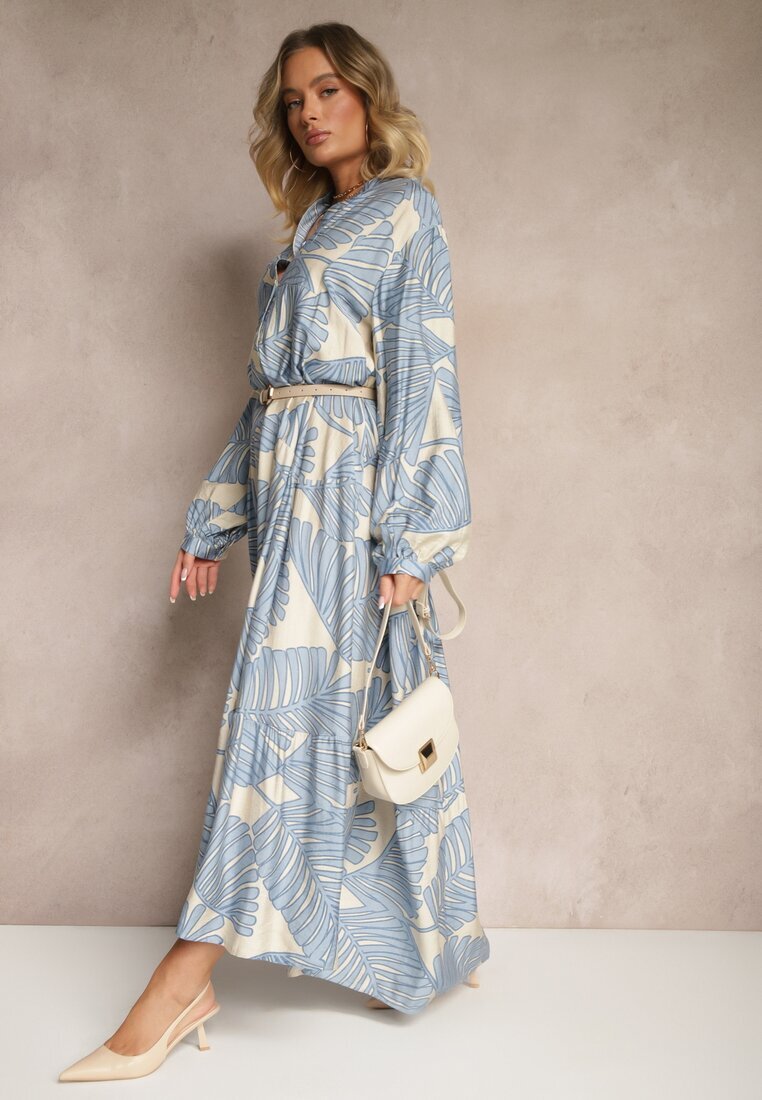 maja studio Rochie Albastru deschis Evazată din Viscoză cu Motiv de Frunze Wilvesia