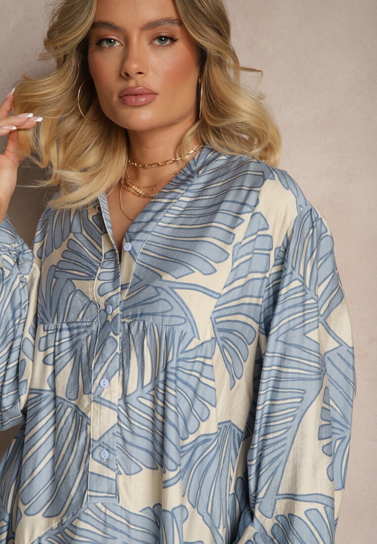 maja studio Rochie Albastru deschis Evazată din Viscoză cu Motiv de Frunze Wilvesia