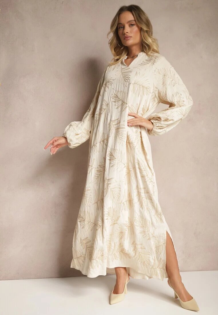 maja studio Rochie bej deschis din Vâscoză Decorată cu Broderii și Fir Metalic Tervezia