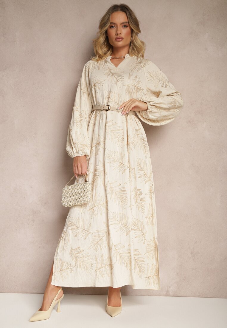 maja studio Rochie bej deschis din Vâscoză Decorată cu Broderii și Fir Metalic Tervezia