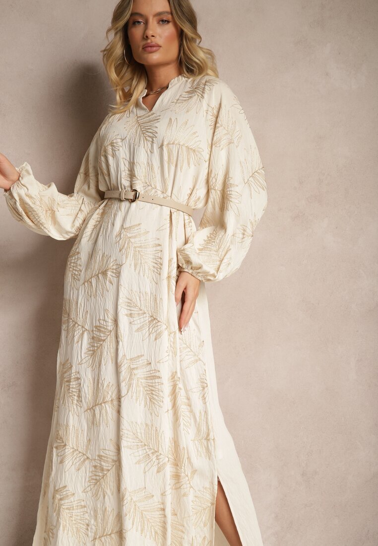 maja studio Rochie bej deschis din Vâscoză Decorată cu Broderii și Fir Metalic Tervezia