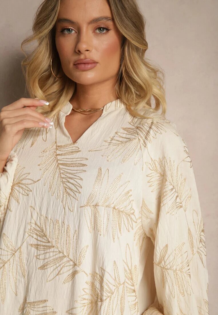 maja studio Rochie bej deschis din Vâscoză Decorată cu Broderii și Fir Metalic Tervezia