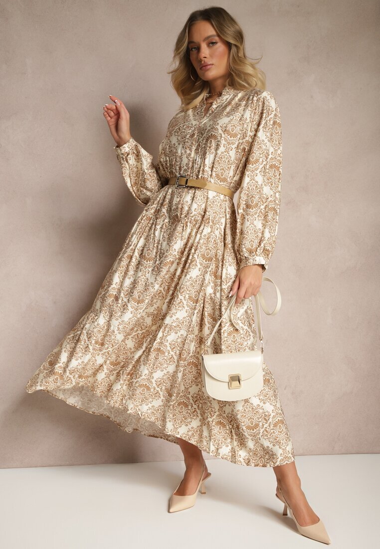 maja studio Rochie Bej din Vâscoză cu Model Ornamental Croi Cloș Gonalia