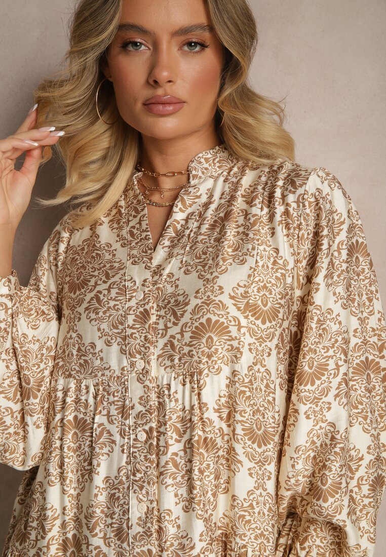 maja studio Rochie Bej din Vâscoză cu Model Ornamental Croi Cloș Gonalia
