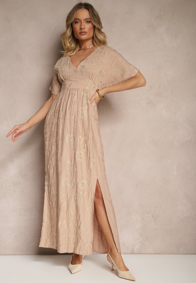 maja studio Rochie Bej din Vascoză Decorată cu Broderie și Fir Metalic Ivelvesa