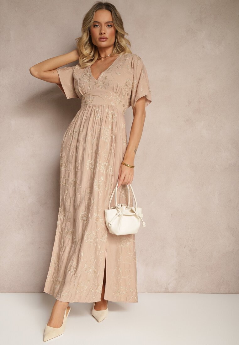 maja studio Rochie Bej din Vascoză Decorată cu Broderie și Fir Metalic Ivelvesa