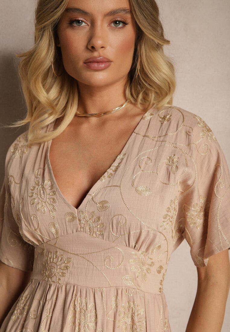 maja studio Rochie Bej din Vascoză Decorată cu Broderie și Fir Metalic Ivelvesa