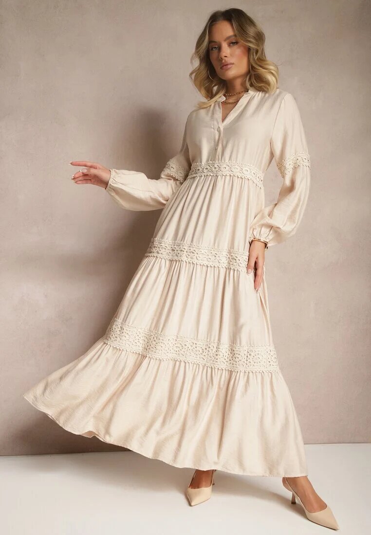 maja studio Rochie bej din viscoză cu croială evazată și dantelă Gonalorin