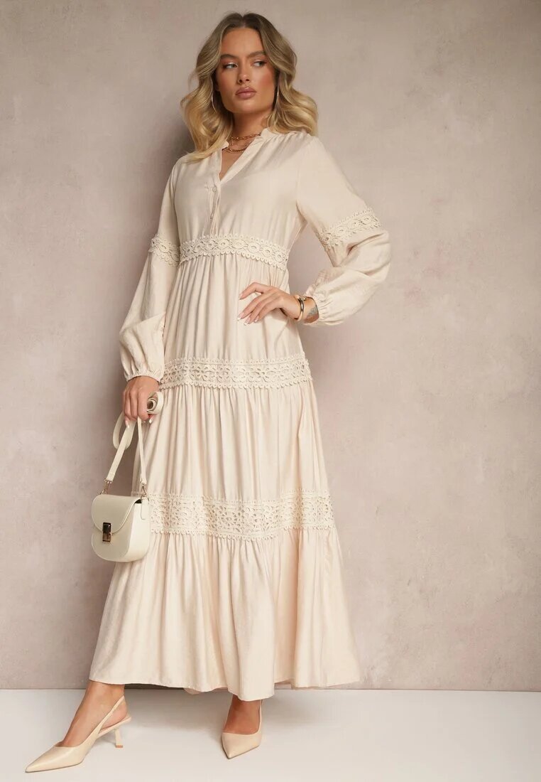 maja studio Rochie bej din viscoză cu croială evazată și dantelă Gonalorin