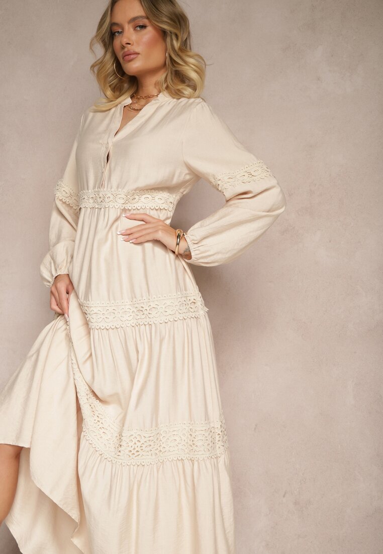 maja studio Rochie bej din viscoză cu croială evazată și dantelă Gonalorin