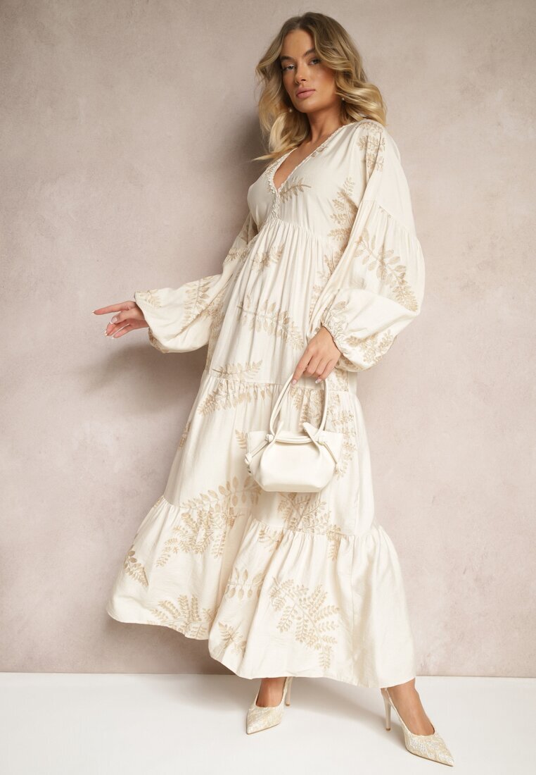 maja studio Rochie Bej din Viscoză Decorată cu Broderie Metalică Nalainor