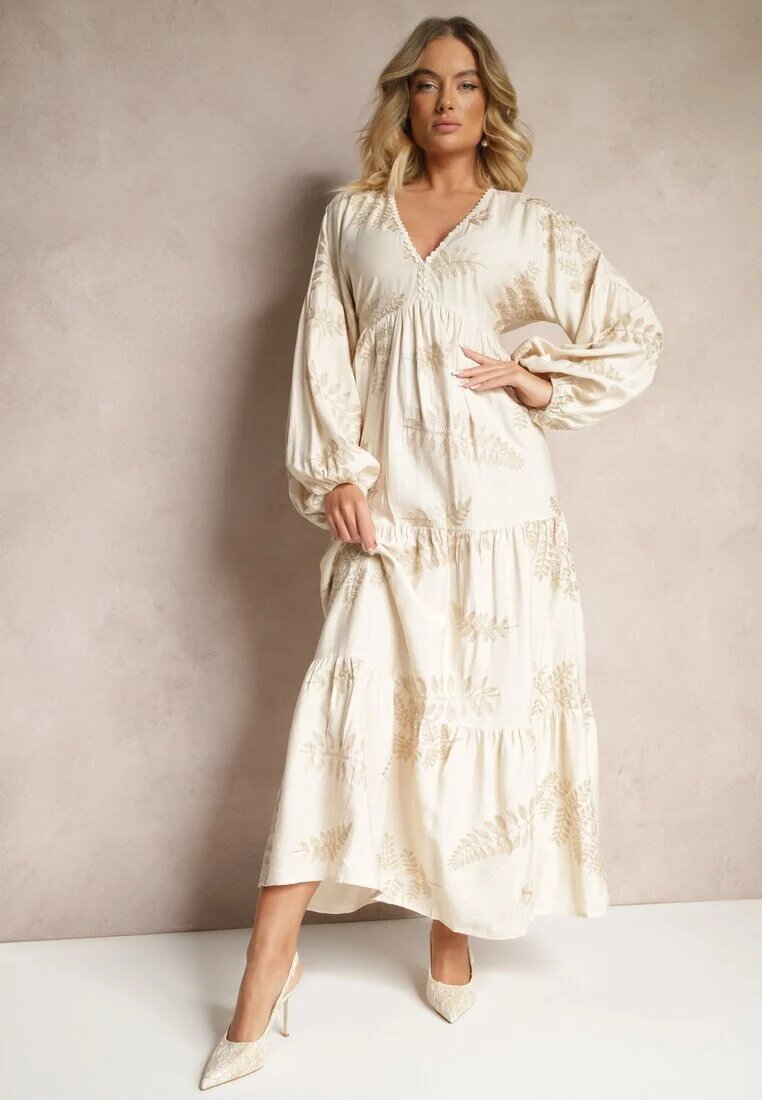 maja studio Rochie Bej din Viscoză Decorată cu Broderie Metalică Nalainor