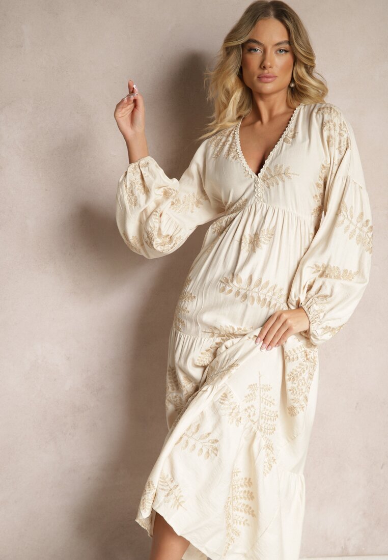 maja studio Rochie Bej din Viscoză Decorată cu Broderie Metalică Nalainor