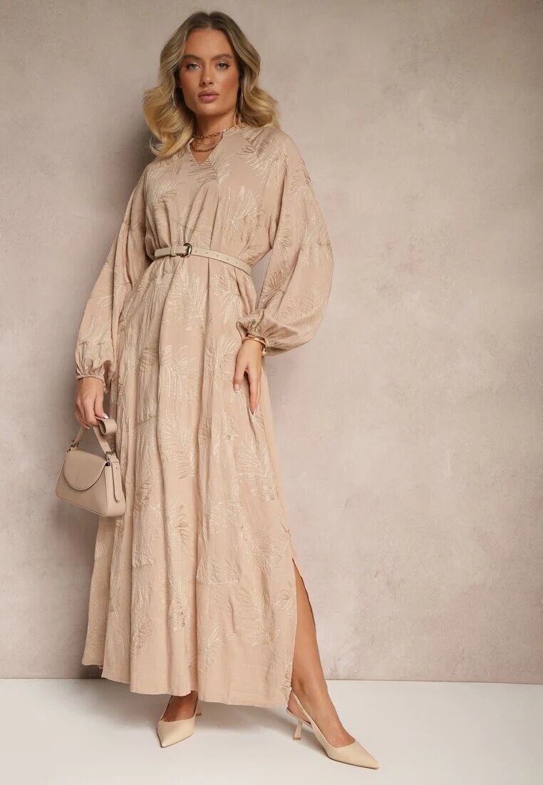 maja studio Rochie Bej din Viscoză Decorată cu Broderii și Fir Metalic Tervezia