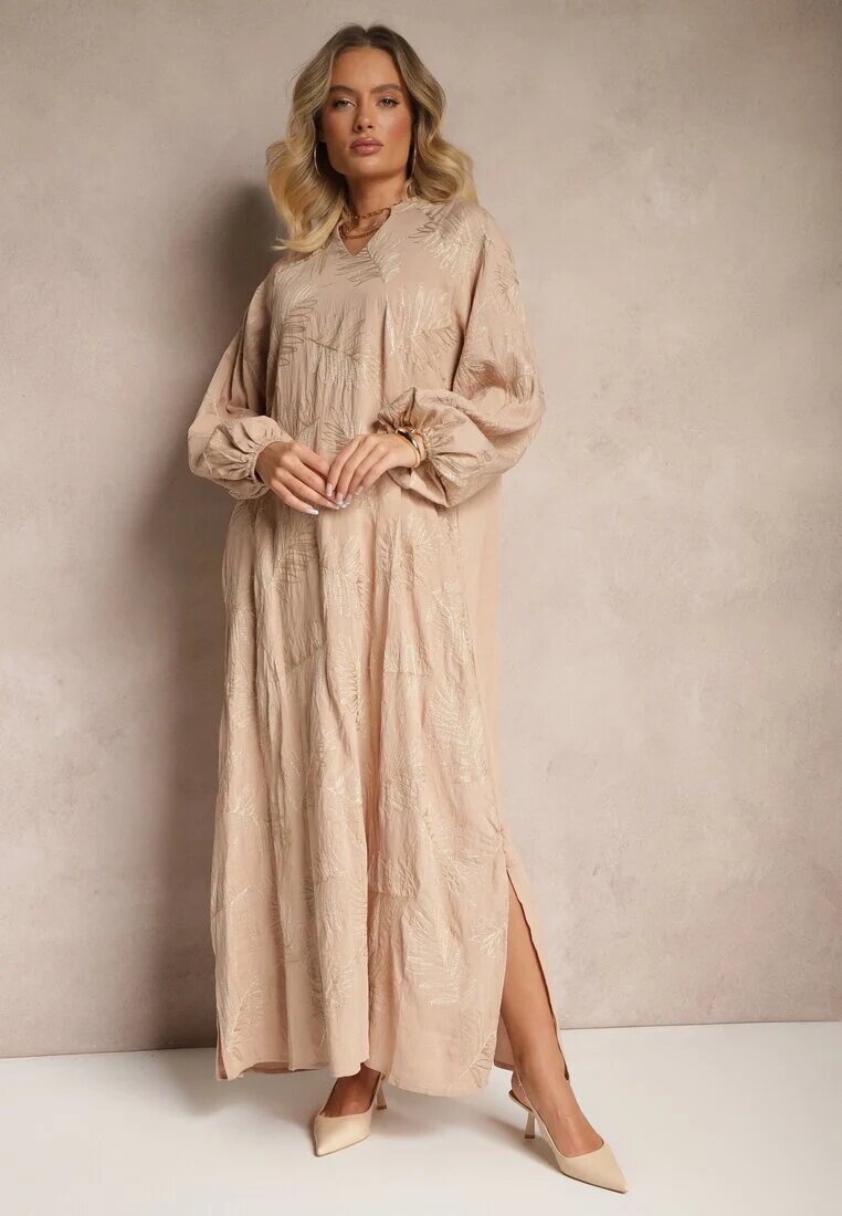 maja studio Rochie Bej din Viscoză Decorată cu Broderii și Fir Metalic Tervezia