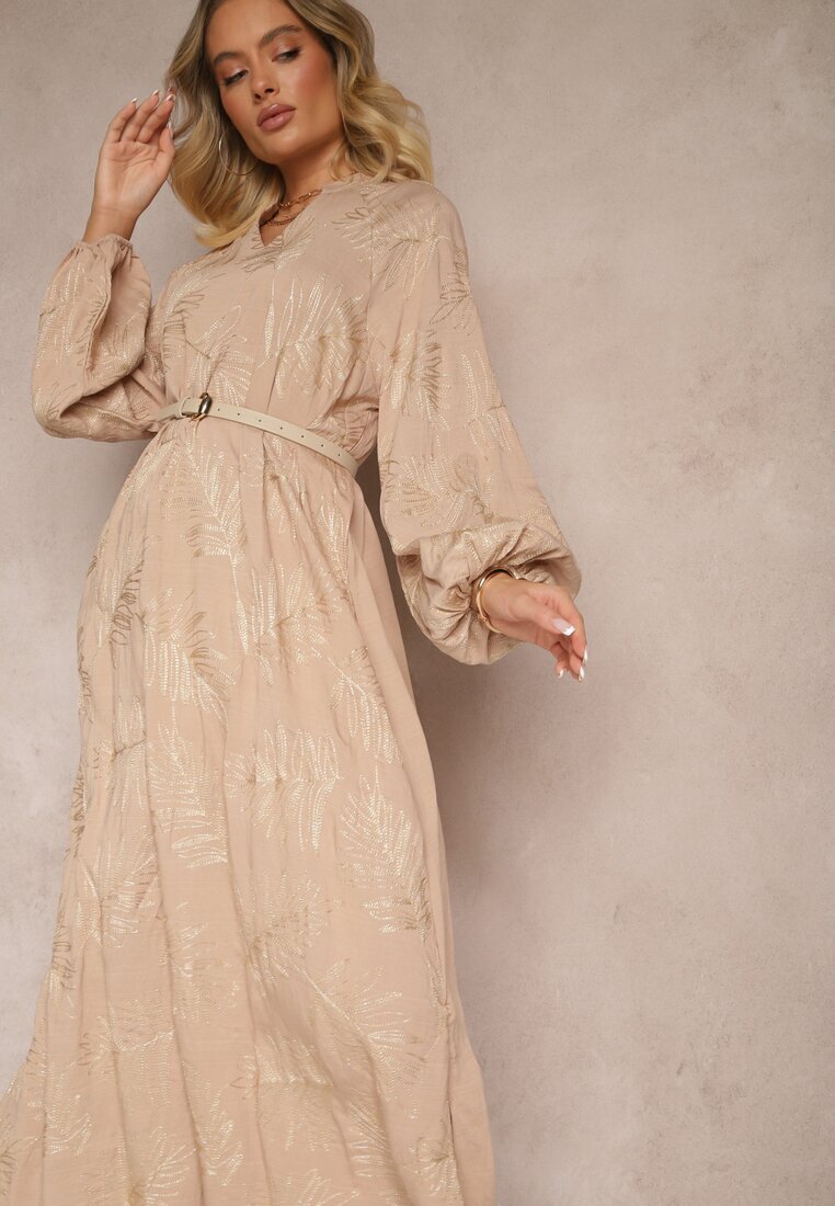 maja studio Rochie Bej din Viscoză Decorată cu Broderii și Fir Metalic Tervezia