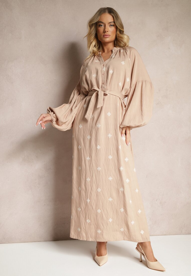 maja studio Rochie bej din viscoză Oversize Decorată cu broderie Venalari