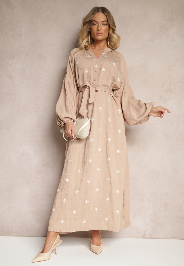 maja studio Rochie bej din viscoză Oversize Decorată cu broderie Venalari