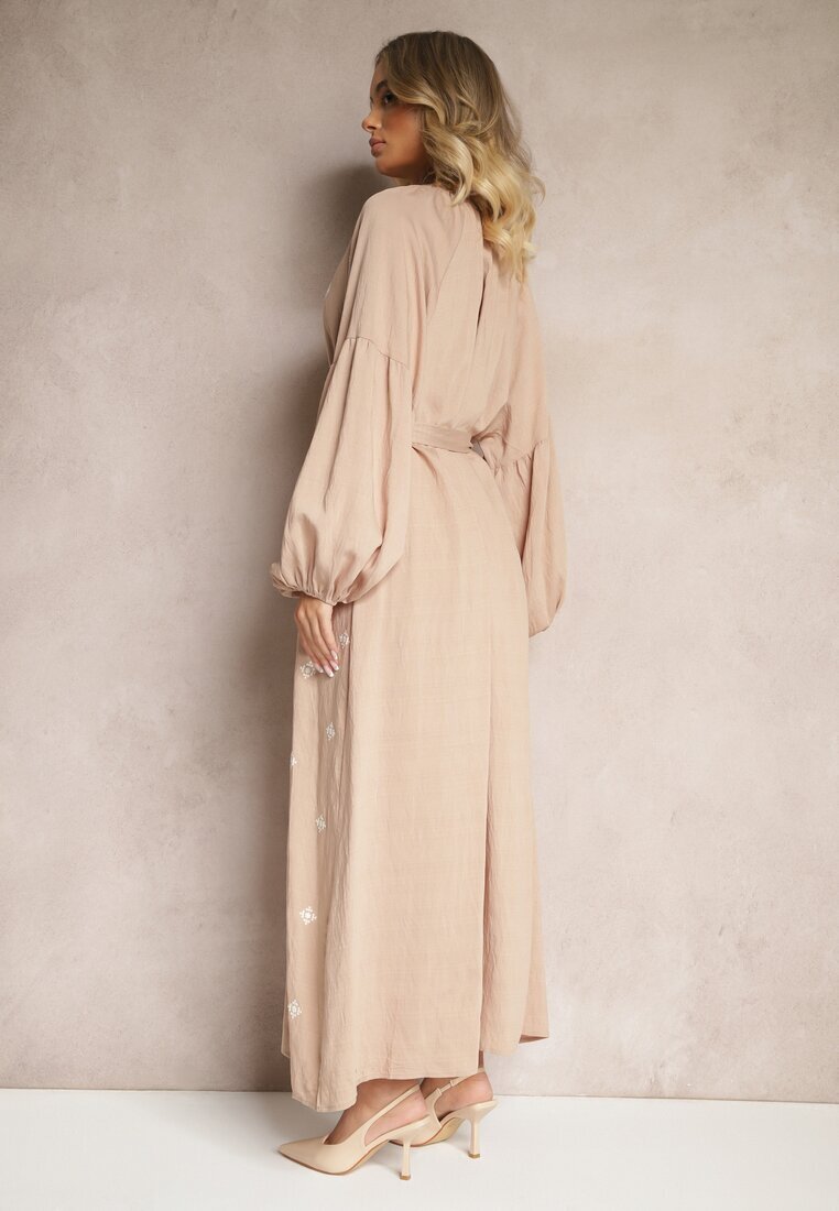 maja studio Rochie bej din viscoză Oversize Decorată cu broderie Venalari