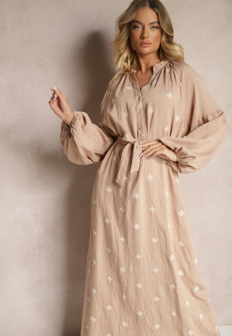 maja studio Rochie bej din viscoză Oversize Decorată cu broderie Venalari