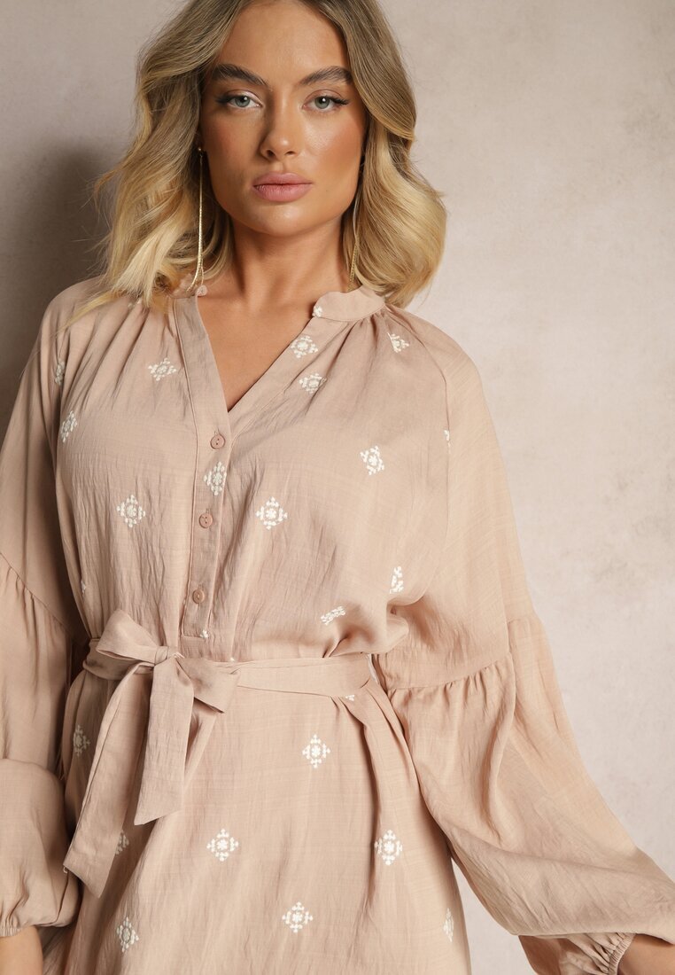 maja studio Rochie bej din viscoză Oversize Decorată cu broderie Venalari