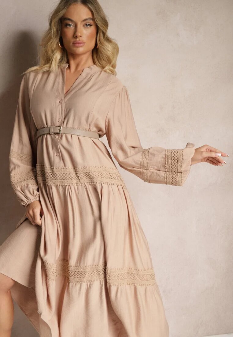 maja studio Rochie bej închis din vâscoză decorată cu dantelă Nelanira