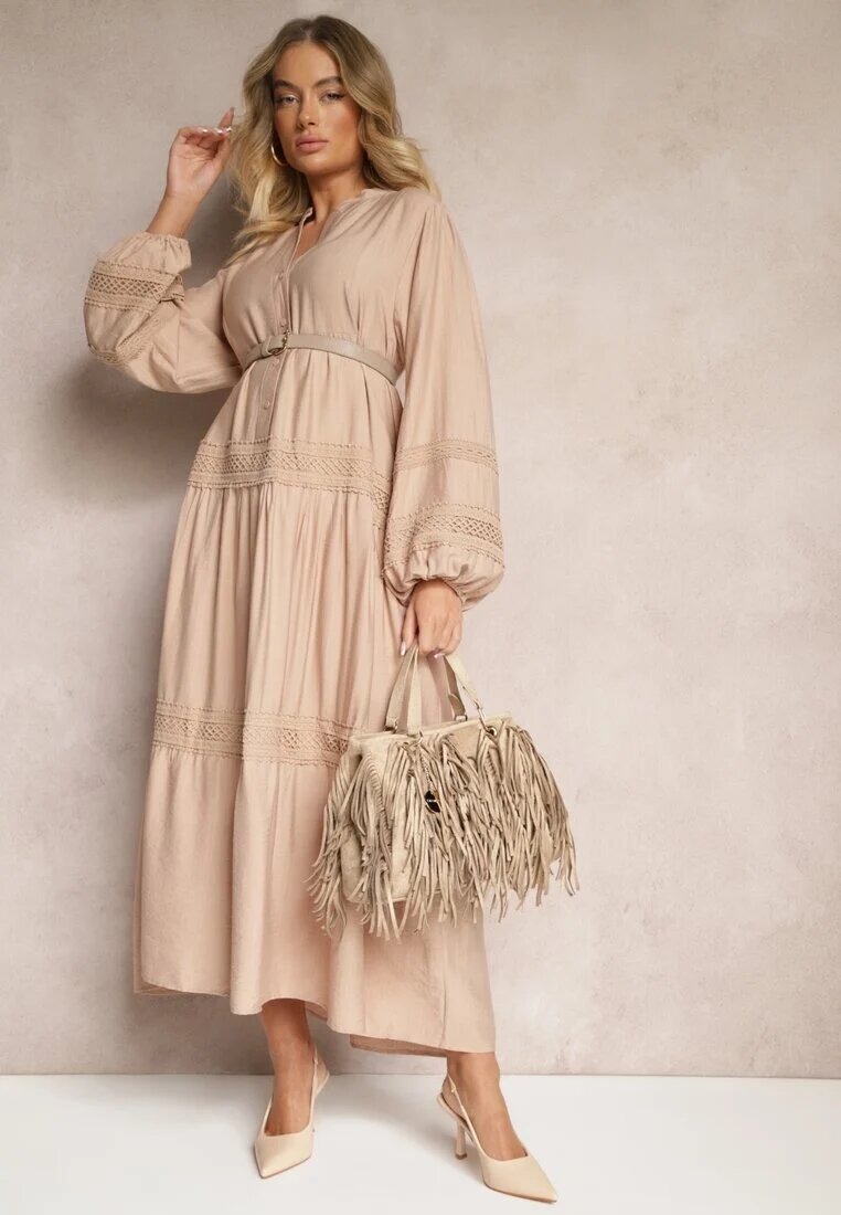 maja studio Rochie bej închis din vâscoză decorată cu dantelă Nelanira