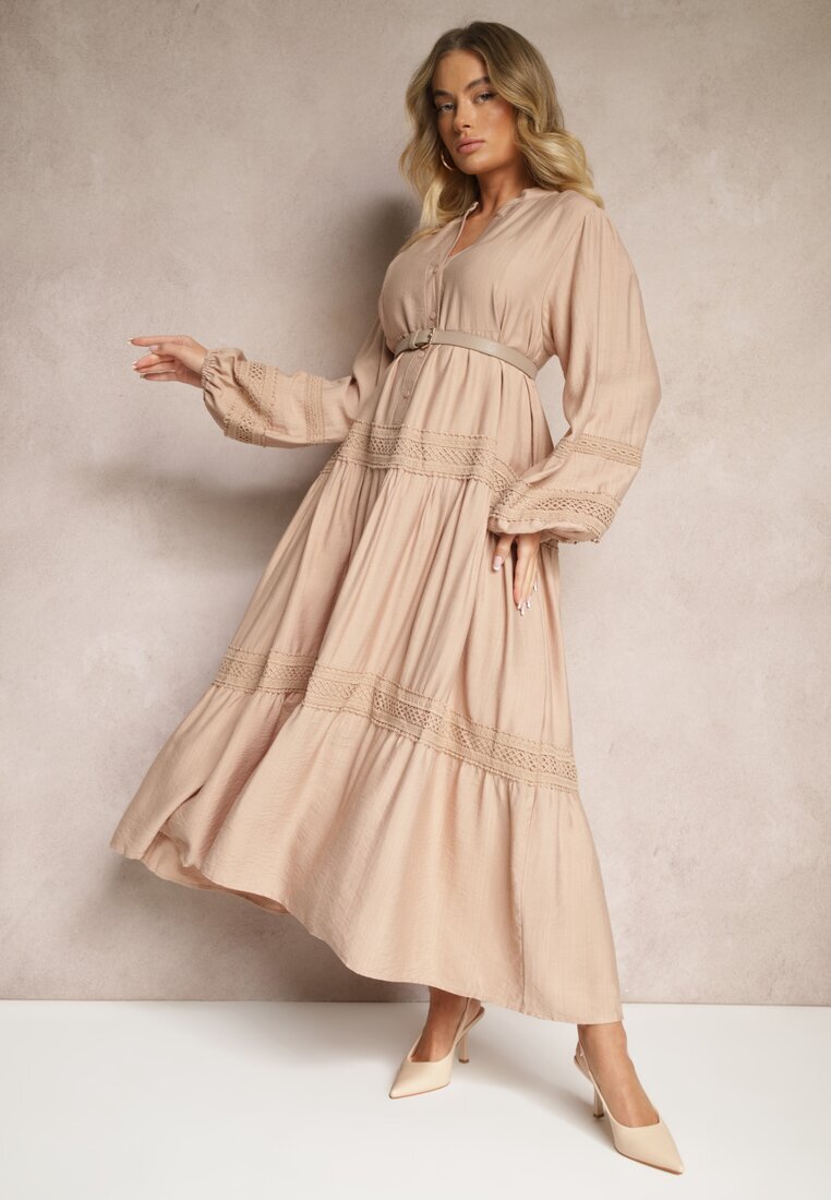 maja studio Rochie bej închis din vâscoză decorată cu dantelă Nelanira