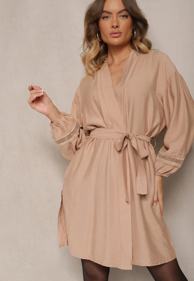 maja studio Rochie Bej Kimono din Viscoză cu Buzunare Decorată cu Inserții Ajurate Salithia