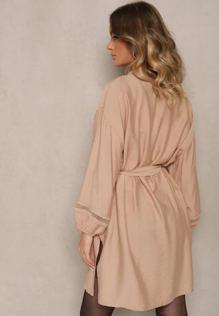 maja studio Rochie Bej Kimono din Viscoză cu Buzunare Decorată cu Inserții Ajurate Salithia