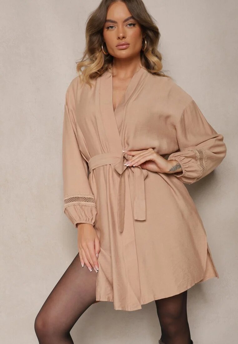 maja studio Rochie Bej Kimono din Viscoză cu Buzunare Decorată cu Inserții Ajurate Salithia