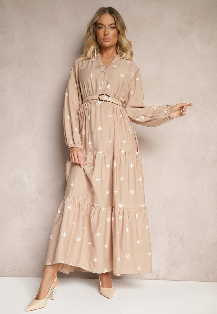 maja studio Rochie bej vâscoză evazată decorată cu broderie Nalorwen