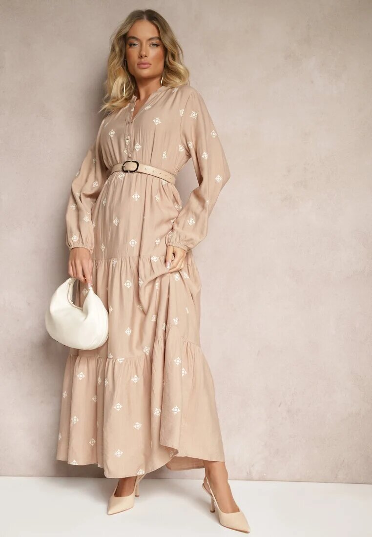 maja studio Rochie bej vâscoză evazată decorată cu broderie Nalorwen