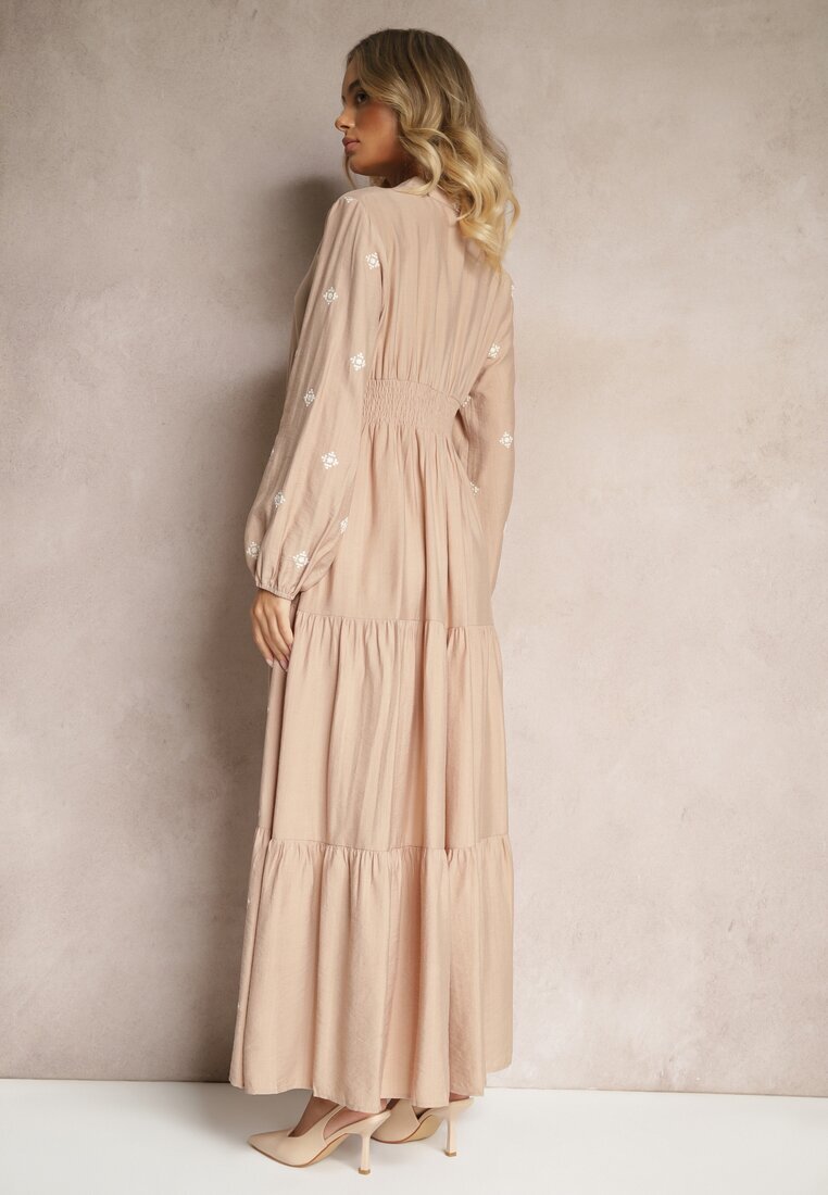 maja studio Rochie bej vâscoză evazată decorată cu broderie Nalorwen