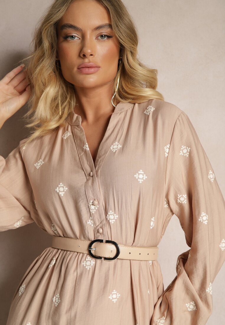 maja studio Rochie bej vâscoză evazată decorată cu broderie Nalorwen