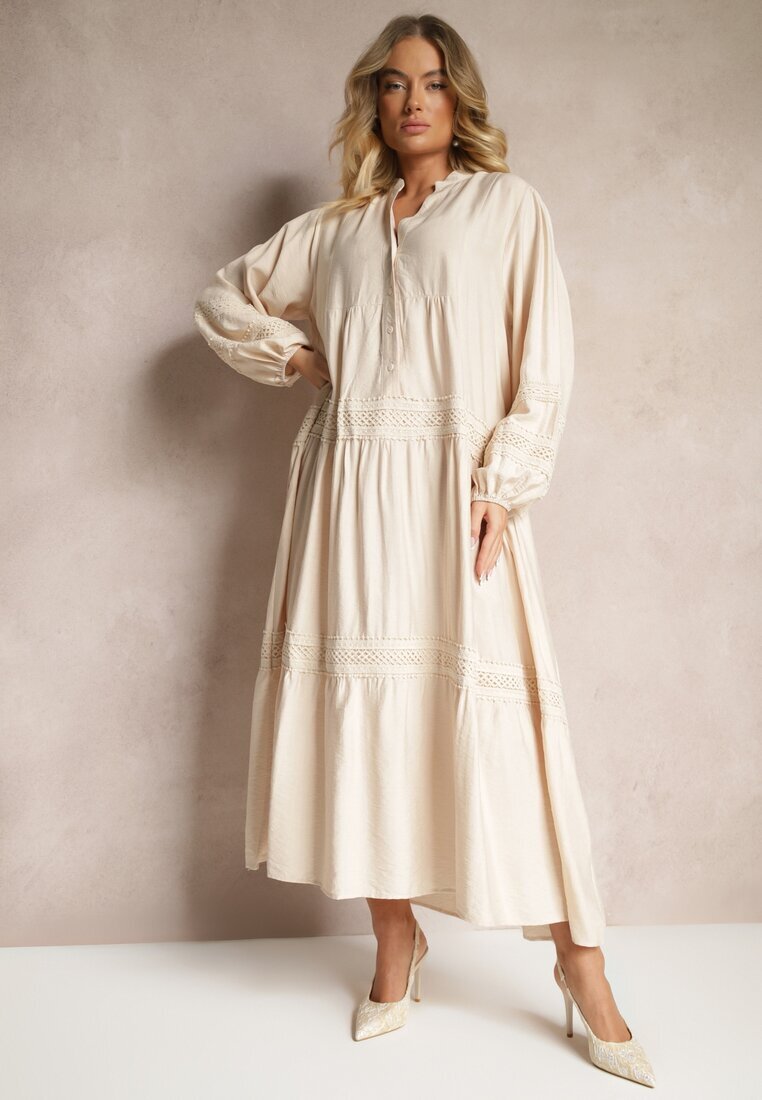 maja studio Rochie Bejă Vâscoză Decorată cu Dantelă Nelanira