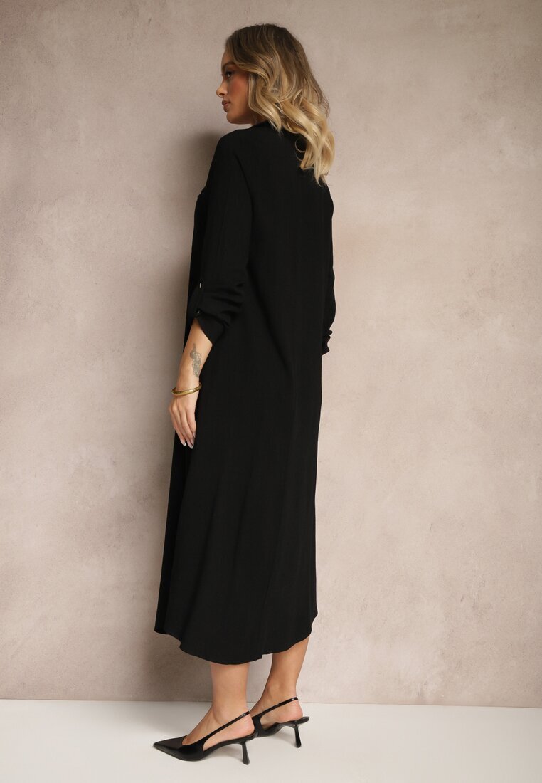 maja studio Rochie Cămașă Neagră din Vâscoză In și Reglare la Mâneci Florvezia