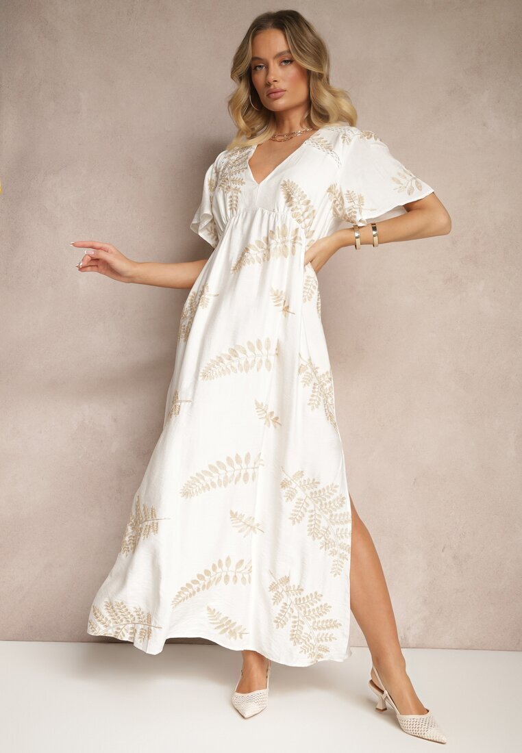 maja studio Rochie Cloș Albă din Viscoză Decorată cu Frunze Brodate Tirvesa